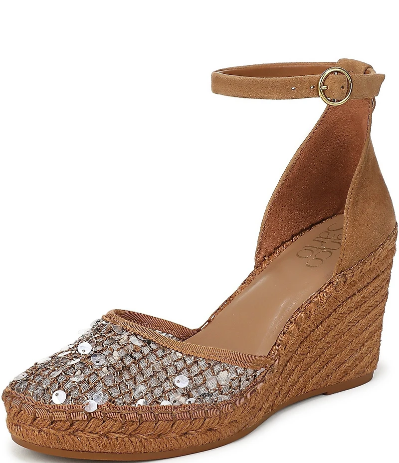 Franco Sarto Idalia Sequin Embellished Ankle Wrap Wedge Espadrille Sandals