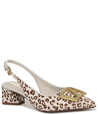 Franco Sarto Racer 5 Leopard Print Calf Hair Ornamented Slingback Block Heel Pumps