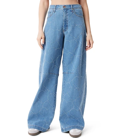 FRAYED Jeans High Rise Baggy Heart Detail Barrel Wide Leg Jeans