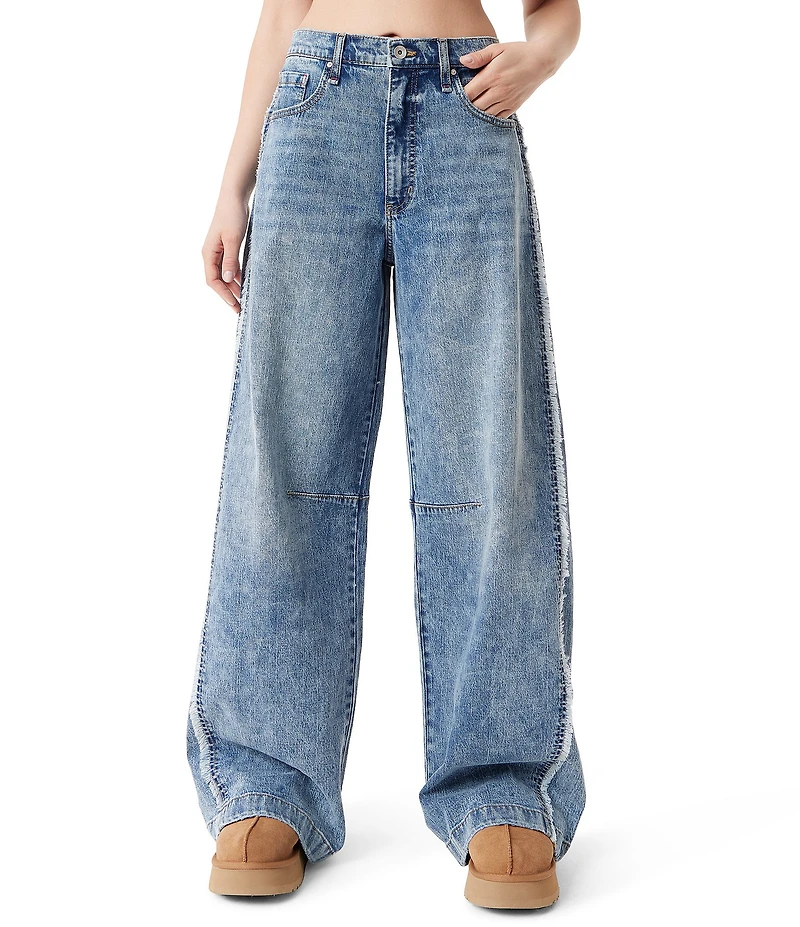 FRAYED Jeans Low Rise Baggy Barrel Side Seamed Wide Leg Jeans