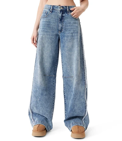 FRAYED Jeans Low Rise Baggy Barrel Side Seamed Wide Leg Jeans