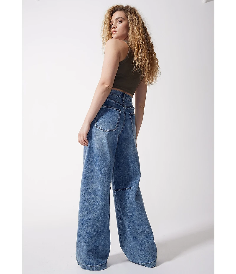 FRAYED Jeans Low Rise Baggy Barrel Side Seamed Wide Leg Jeans