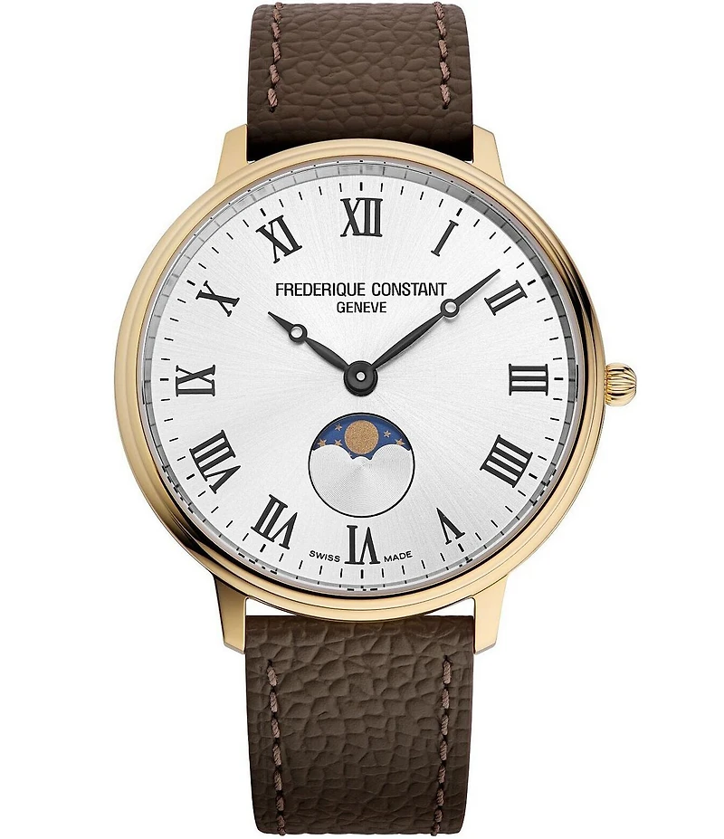 Frederique Constant Unisex Classics Quartz Analog Moonphase Brown Leather Strap Watch