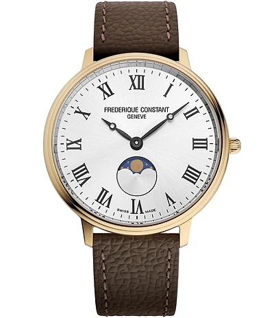 Frederique Constant Unisex Classics Quartz Analog Moonphase Brown Leather Strap Watch