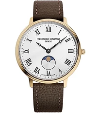 Frederique Constant Unisex Classics Quartz Analog Moonphase Brown Leather Strap Watch