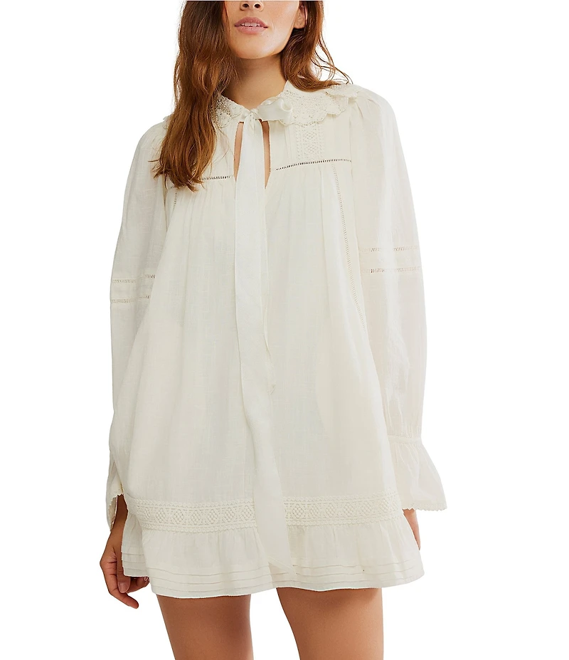 Free People 5 O'clock Tea Time Tie Neckline Long Sleeve Mini Dress