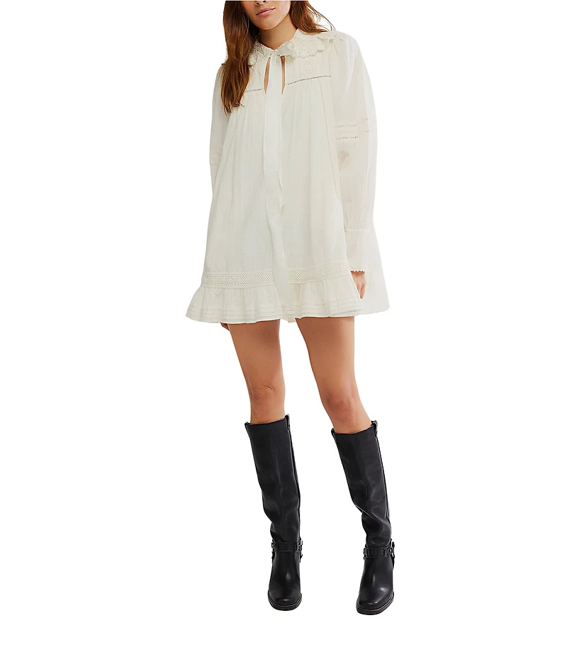 Free People 5 O'clock Tea Time Tie Neckline Long Sleeve Mini Dress
