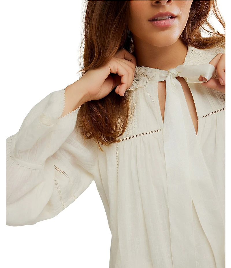Free People 5 O'clock Tea Time Tie Neckline Long Sleeve Mini Dress