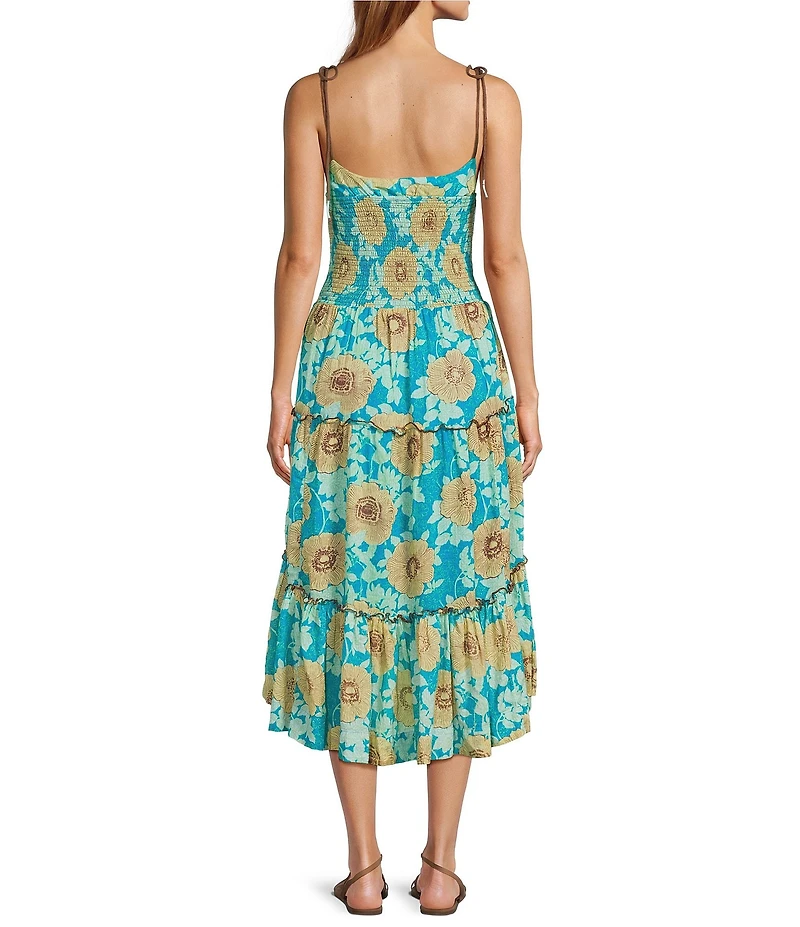 Free People Adriel Floral Print V-Neck Sleeveless Tiered Midi Dress