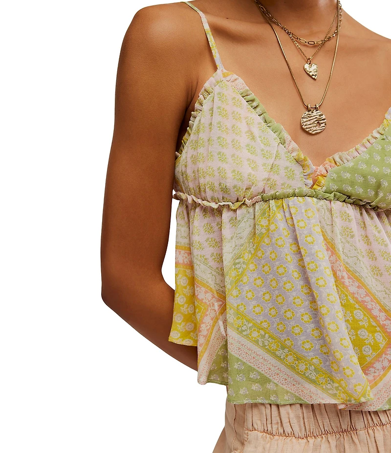 Free People Alix Patchwork Print V-Neck Sleeveless Peplum Tank Top