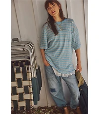 Free People All Love Stripe Print Front Pocket Scoop Neck Short Sleeve Tee