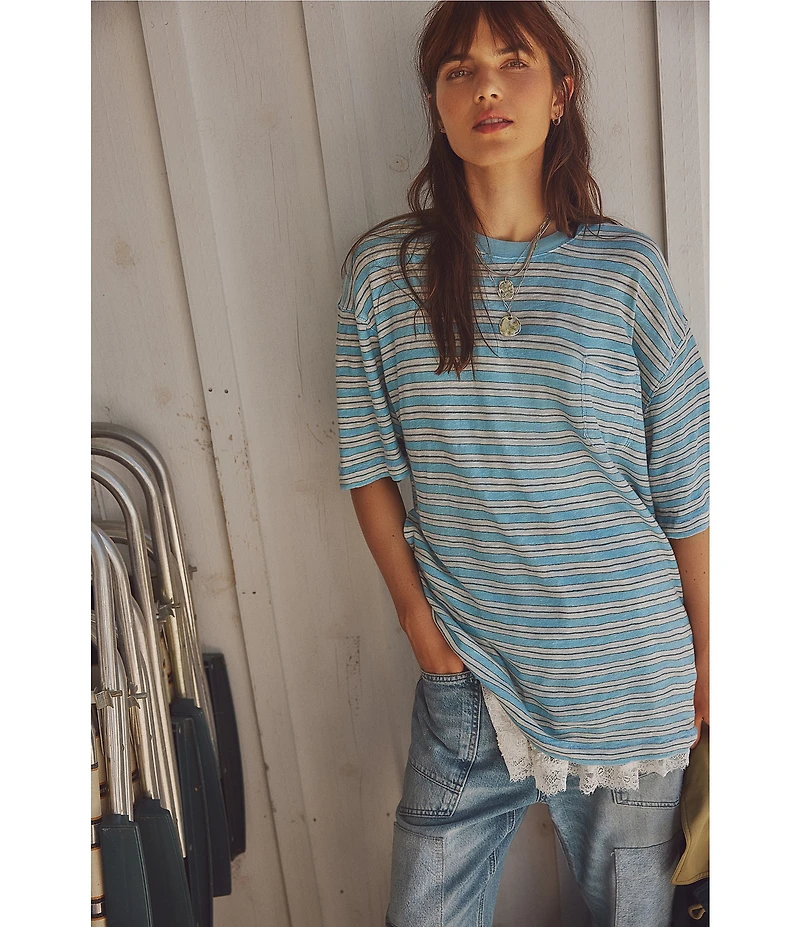 Free People All Love Stripe Print Front Pocket Scoop Neck Short Sleeve Tee