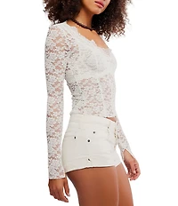 Free People All Night Sheer Floral Lace Scoop Neck Long Sleeve Scalloped Trim Top