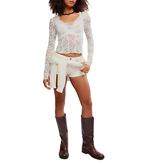 Free People All Night Sheer Floral Lace Scoop Neck Long Sleeve Scalloped Trim Top