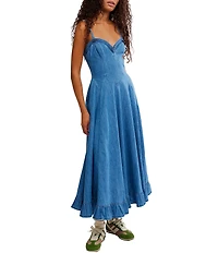 Free People Another Season Sweetheart Neck Sleeveless A-Line Denim Midi Dress