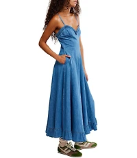 Free People Another Season Sweetheart Neck Sleeveless A-Line Denim Midi Dress