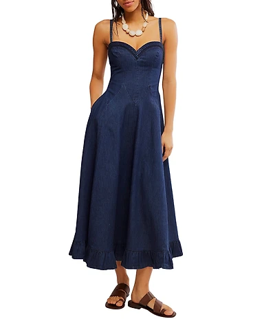 Free People Another Season Sweetheart Neck Sleeveless A-Line Denim Midi Dress
