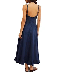 Free People Another Season Sweetheart Neck Sleeveless A-Line Denim Midi Dress