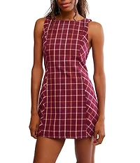 Free People Atlas Plaid Printed Boat Neck Sleeveless Back Cut-Out Mini Dress