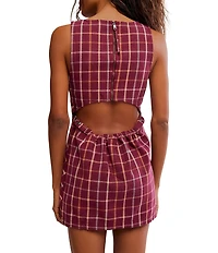Free People Atlas Plaid Printed Boat Neck Sleeveless Back Cut-Out Mini Dress