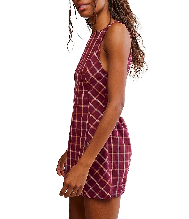 Free People Atlas Plaid Printed Boat Neck Sleeveless Back Cut-Out Mini Dress