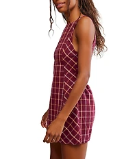 Free People Atlas Plaid Printed Boat Neck Sleeveless Back Cut-Out Mini Dress