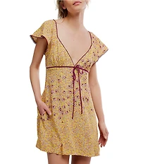 Free People Backroads Floral Print V-Neck Short Sleeve A-Line Mini Dress