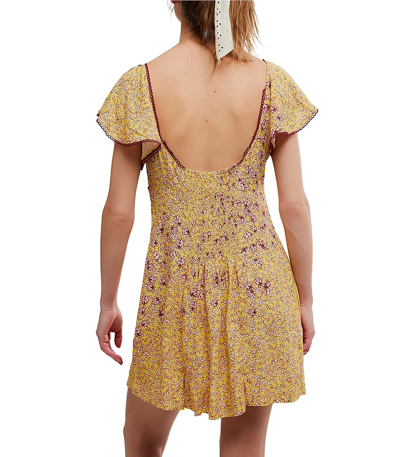 Free People Backroads Floral Print V-Neck Short Sleeve A-Line Mini Dress