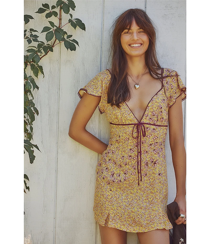 Free People Backroads Floral Print V-Neck Short Sleeve A-Line Mini Dress