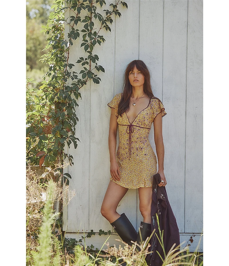 Free People Backroads Floral Print V-Neck Short Sleeve A-Line Mini Dress
