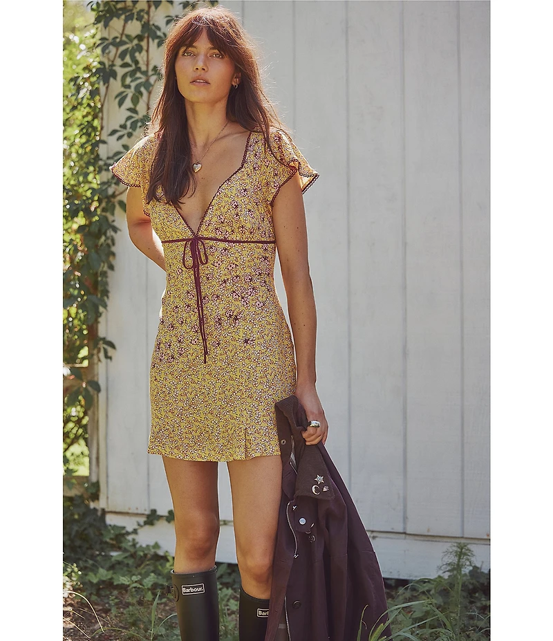 Free People Backroads Floral Print V-Neck Short Sleeve A-Line Mini Dress
