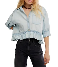 Free People Bailey Collared Neckline Short Balloon Sleeve Ruffle Hem Denim Top
