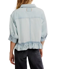 Free People Bailey Collared Neckline Short Balloon Sleeve Ruffle Hem Denim Top