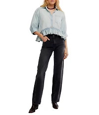 Free People Bailey Collared Neckline Short Balloon Sleeve Ruffle Hem Denim Top