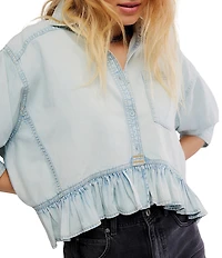 Free People Bailey Collared Neckline Short Balloon Sleeve Ruffle Hem Denim Top