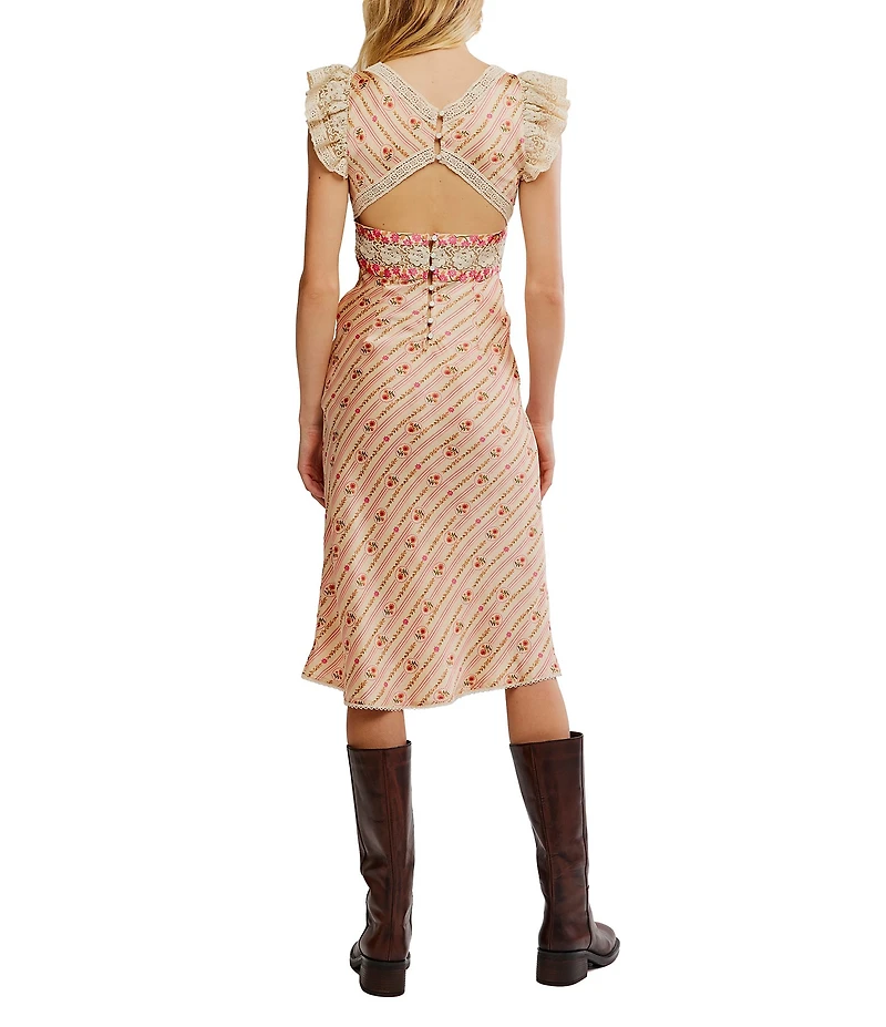 Free People Bali Belle Floral Print Deep V-Neck Cap Sleeve Lace Detail Midi Dress