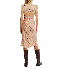 Free People Bali Belle Floral Print Deep V-Neck Cap Sleeve Lace Detail Midi Dress