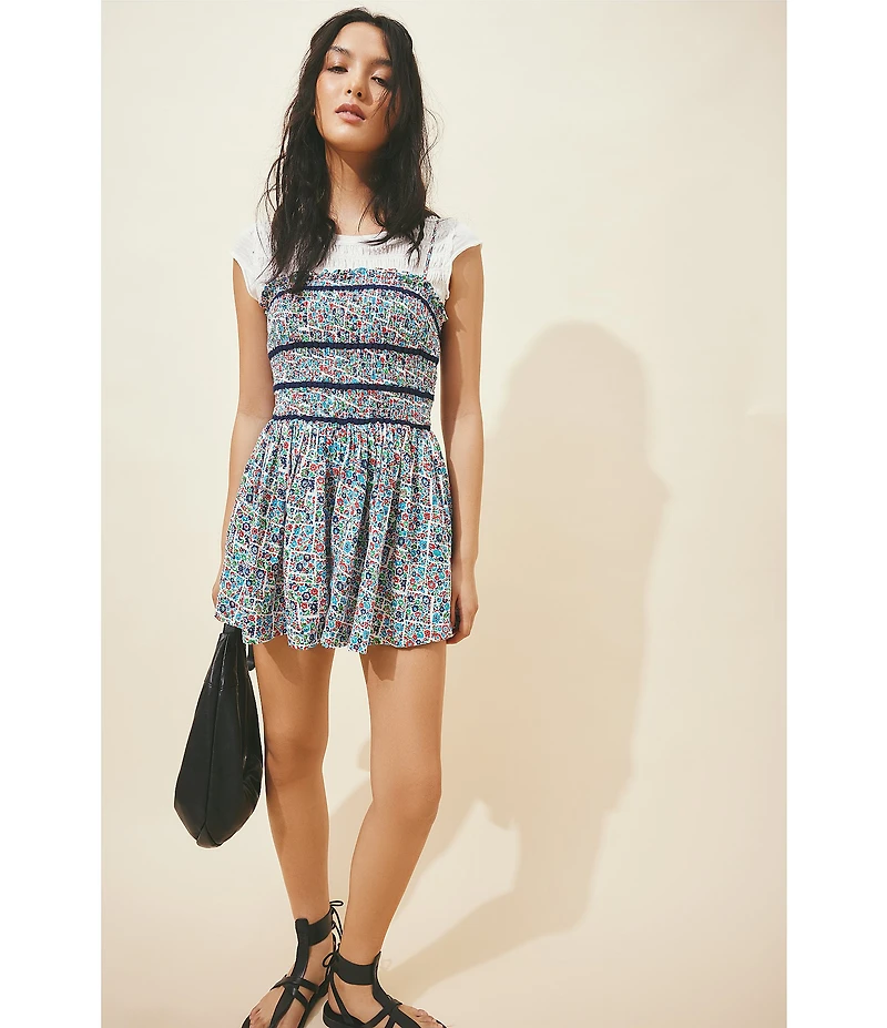 Free People Bali Checked Out Printed Smocked Square Neck Sleeveless Romper