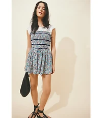 Free People Bali Checked Out Printed Smocked Square Neck Sleeveless Romper