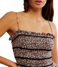 Free People Bali Checked Out Printed Smocked Square Neck Sleeveless Romper