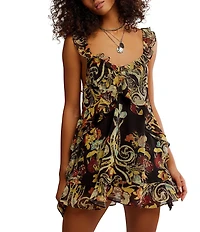 Free People Bali Flora Print Scoop Neck Sleeveless Ruffle Mini Dress
