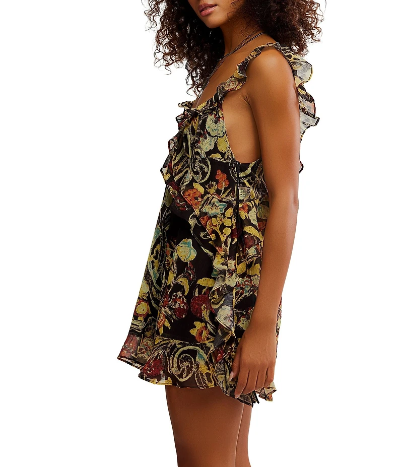 Free People Bali Flora Print Scoop Neck Sleeveless Ruffle Mini Dress