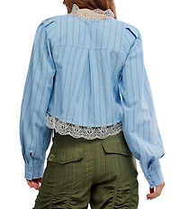 Free People Bali Jude Tie Front Lace Trim Long Balloon Sleeve Cropped Top