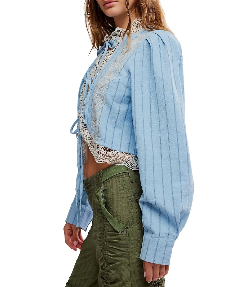 Free People Bali Jude Tie Front Lace Trim Long Balloon Sleeve Cropped Top