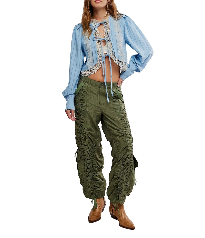 Free People Bali Jude Tie Front Lace Trim Long Balloon Sleeve Cropped Top