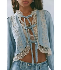 Free People Bali Jude Tie Front Lace Trim Long Balloon Sleeve Cropped Top
