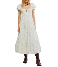 Free People Bali Sprinkled Embroidered Heart Scoop Neck Short Puff Sleeve Drop-Waist Bubble Hem Maxi Dress