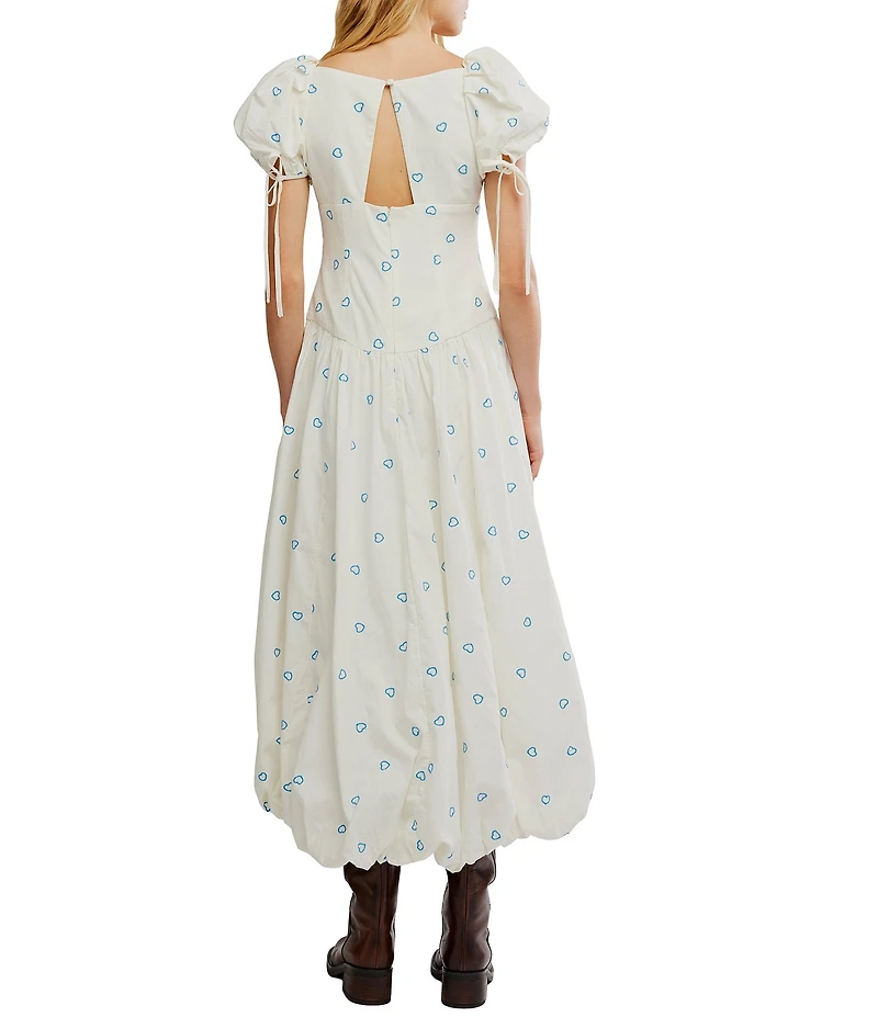 Free People Bali Sprinkled Embroidered Heart Scoop Neck Short Puff Sleeve Drop-Waist Bubble Hem Maxi Dress