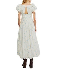 Free People Bali Sprinkled Embroidered Heart Scoop Neck Short Puff Sleeve Drop-Waist Bubble Hem Maxi Dress