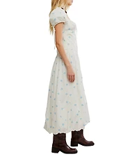 Free People Bali Sprinkled Embroidered Heart Scoop Neck Short Puff Sleeve Drop-Waist Bubble Hem Maxi Dress